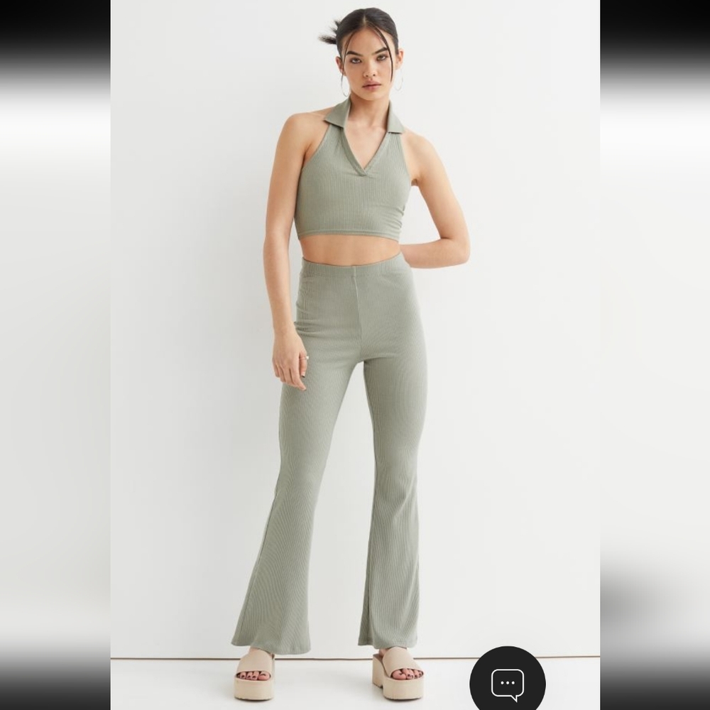 NWT H&M DIVIDED Green V Neck Halter Crop Top w/ Collar Size Small